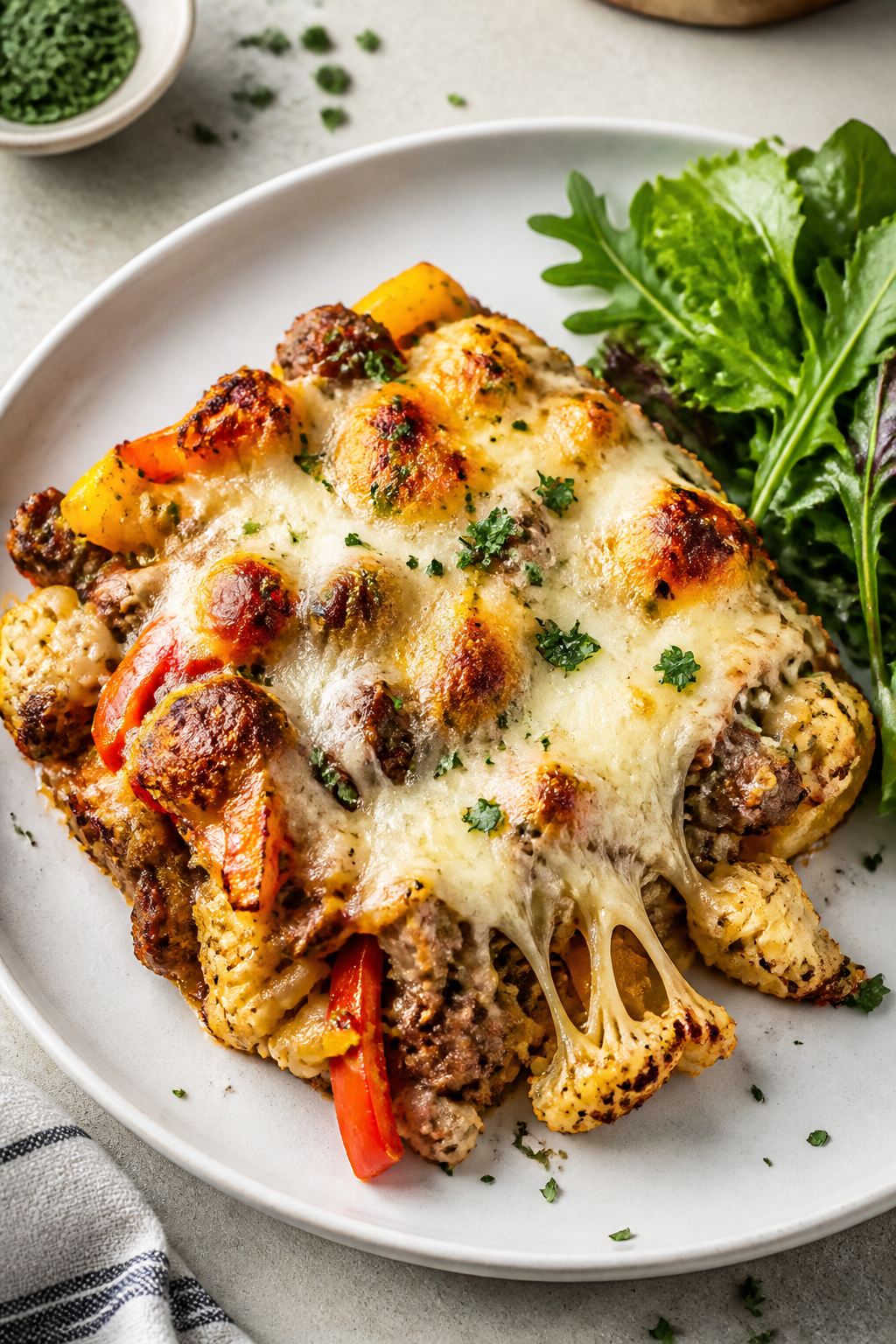 Final plated dish, overhead: A generous square of the Philly Cheesesteak Cauliflower Bake served on 