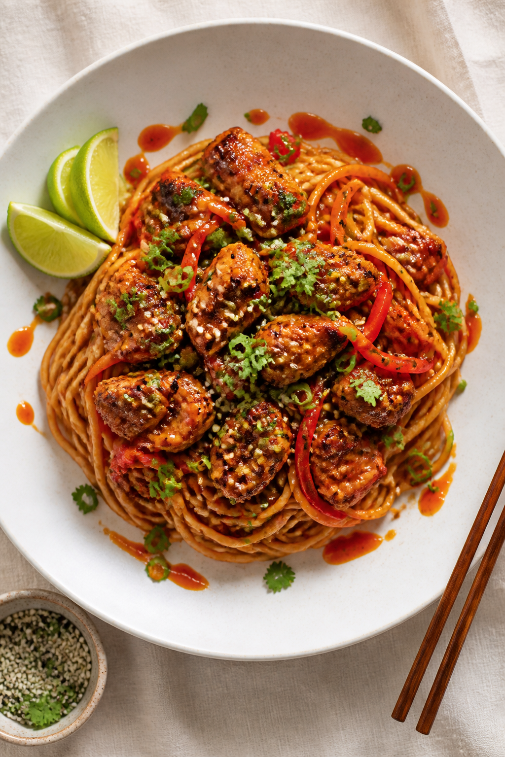 Final plated dish — overhead beauty: Overhead shot of Sweet Chili Chicken Spaghetti twirled into a