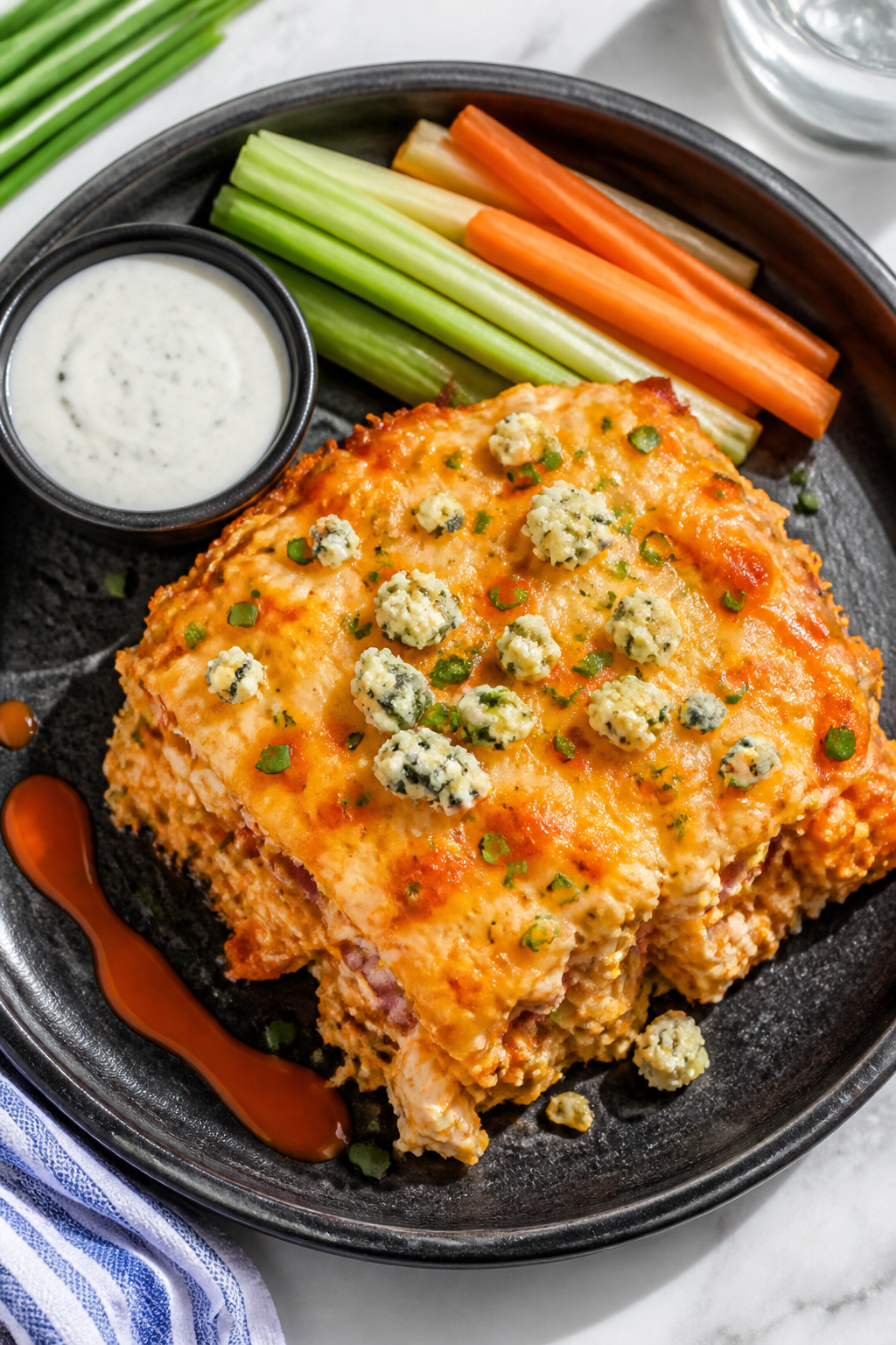 Final plated dish, overhead: Restaurant-quality slice of Buffalo Ranch Cauliflower Chicken Casserole
