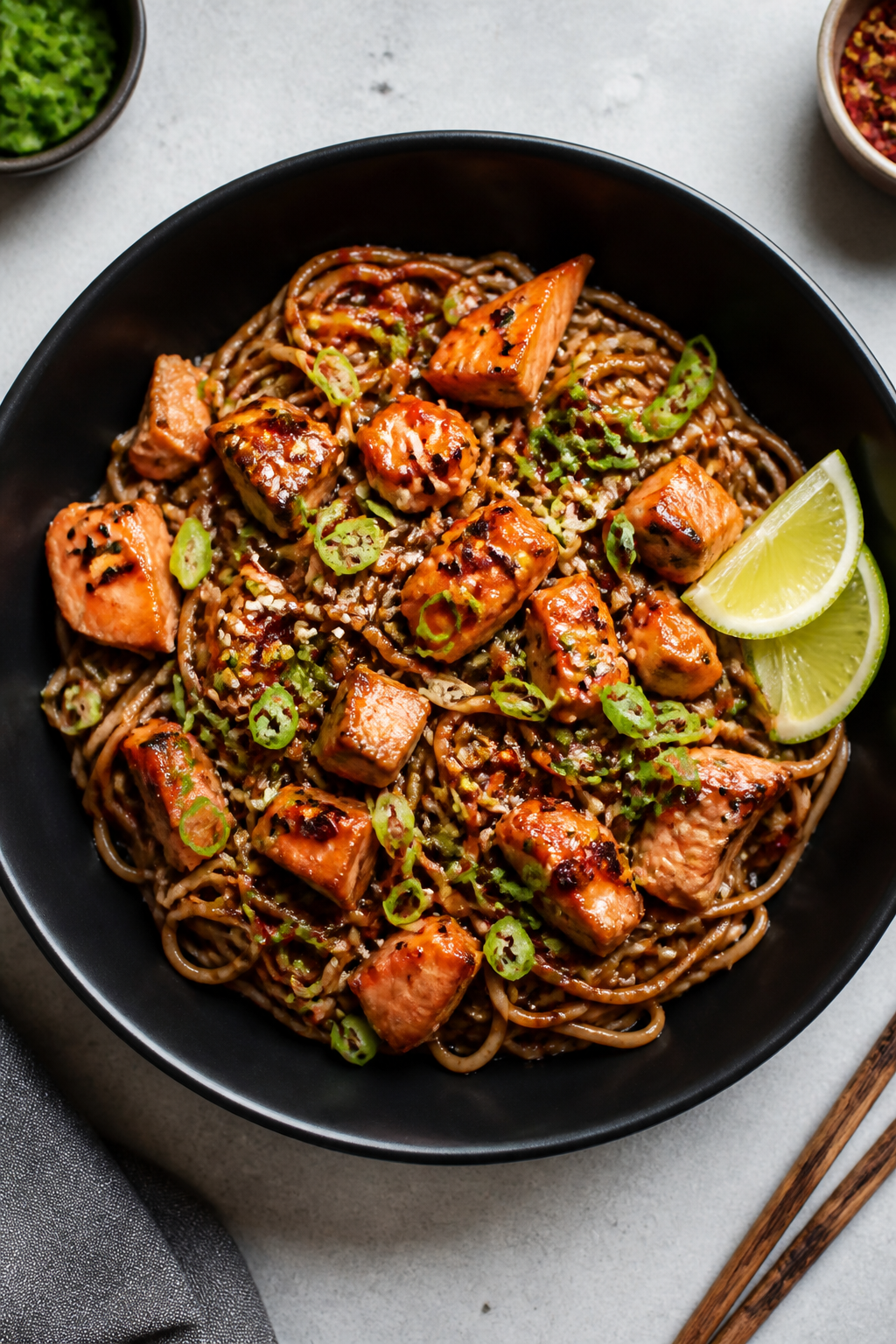 Final plated dish, overhead: Sticky Teriyaki Salmon Noodles beautifully twirled in a shallow matte-b