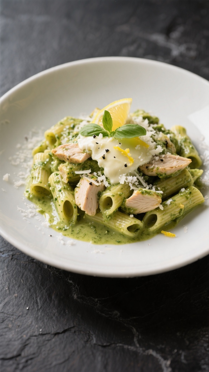 Final plated dish, restaurant presentation: A generous scoop of Creamy Pesto Chicken Pasta Bake plat