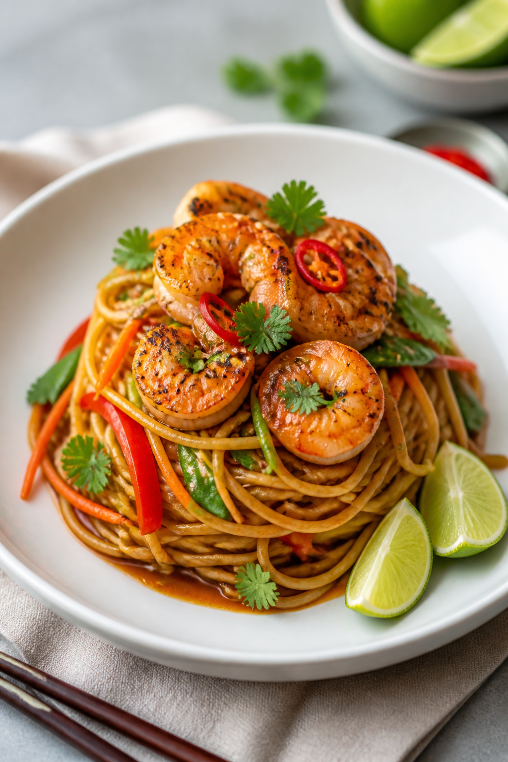 Final plated dish — restaurant presentation: Beautifully plated Thai Chili Lime Shrimp Lo Mein twi