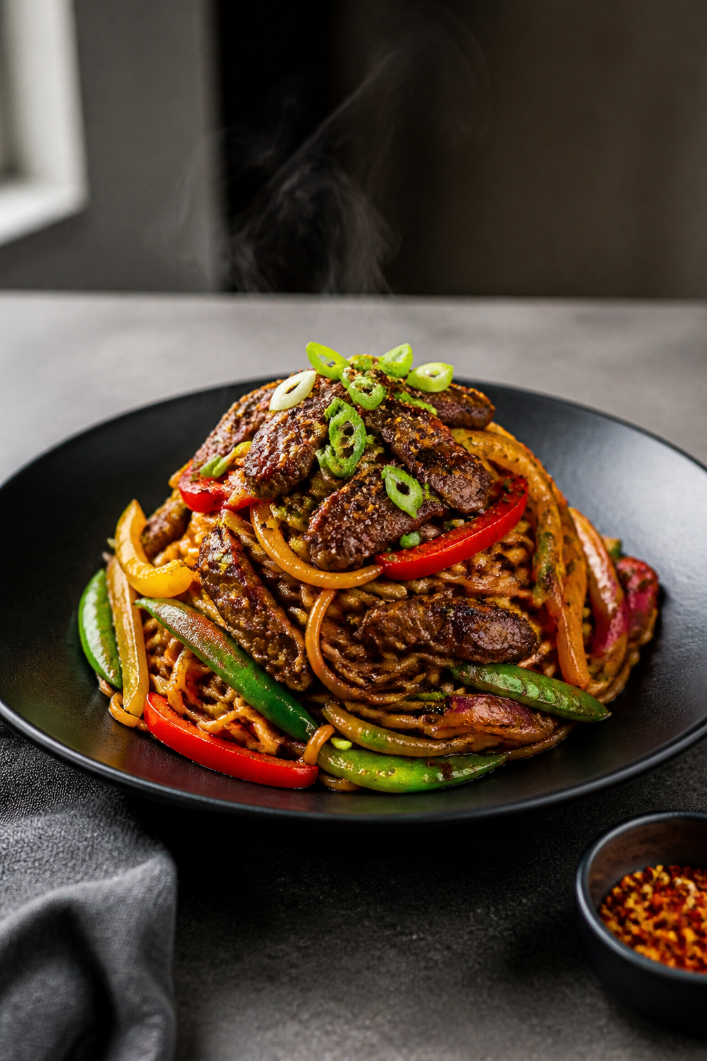 Final plated dish – Restaurant presentation: Beautifully plated Black Pepper Beef Stir Fry Noodles