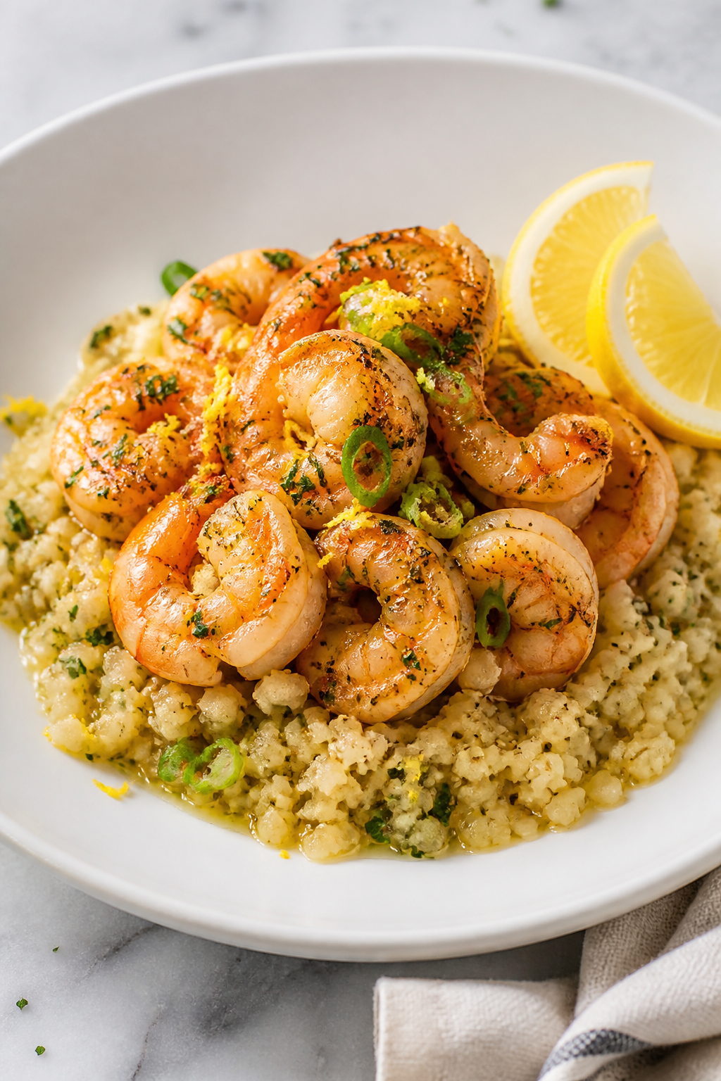 Final plated dish, restaurant presentation: Garlic Butter Shrimp Cauliflower Rice elegantly plated i