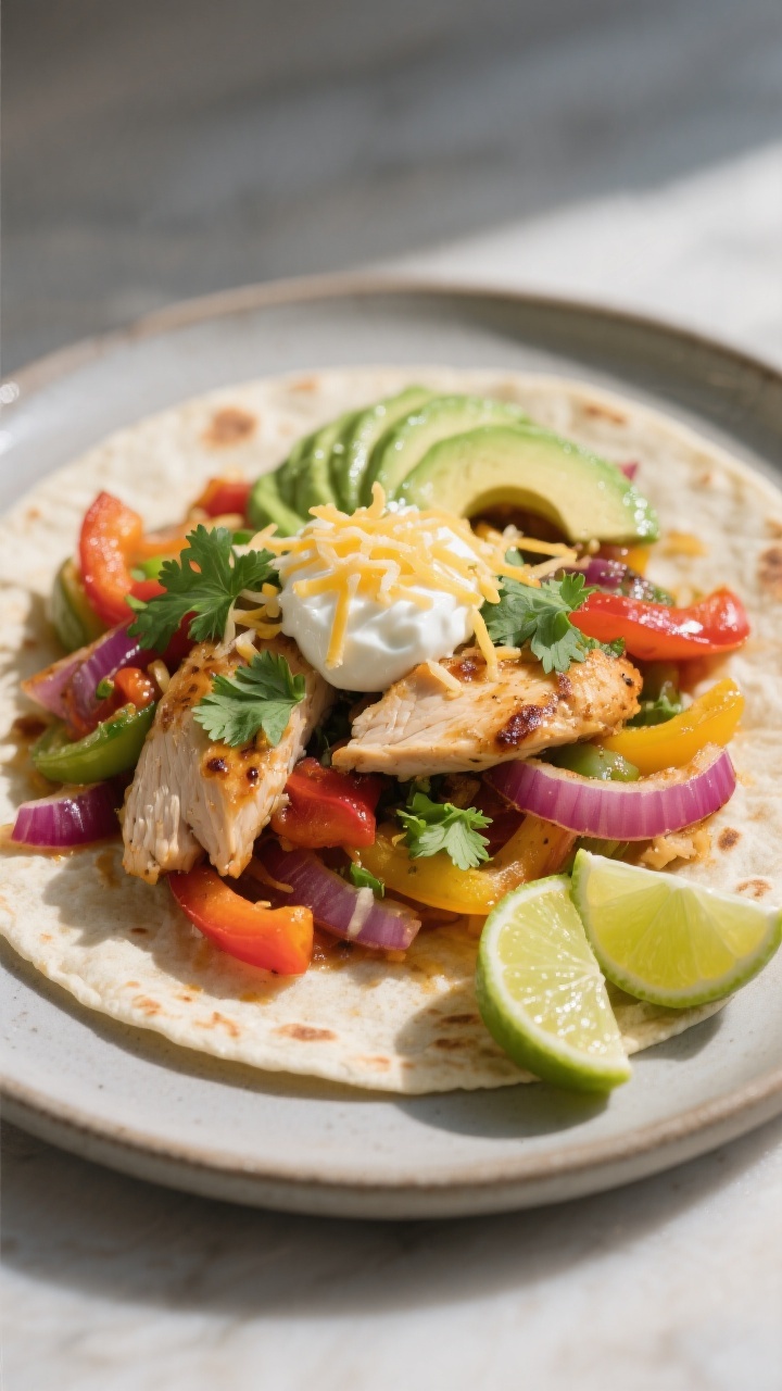 Final plated dish, restaurant-quality: Beautifully plated air fryer chicken fajitas on a warm flour 