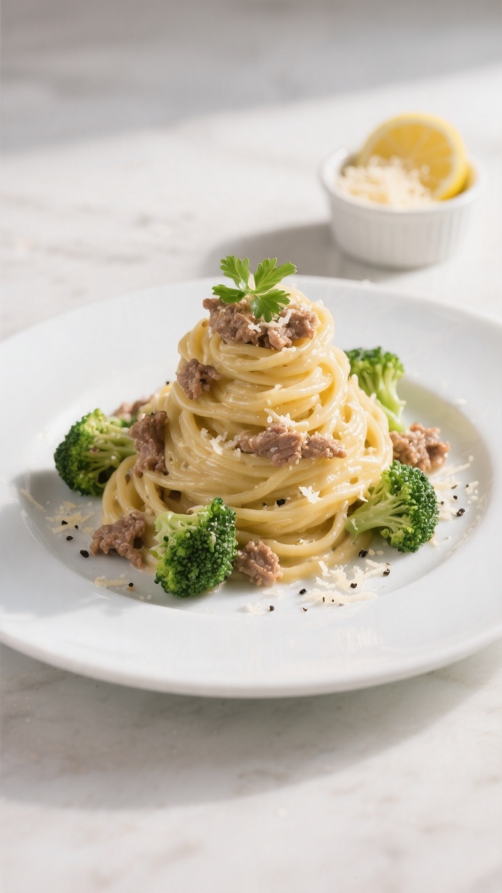 Final plated dish, restaurant-quality: Beautifully plated Healthy Ground Turkey Alfredo Pasta twirle