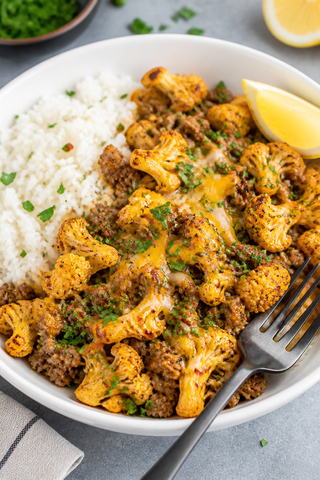 Final plated dish, restaurant-quality: Beautifully plated Easy Ground Beef Cauliflower Skillet in a 