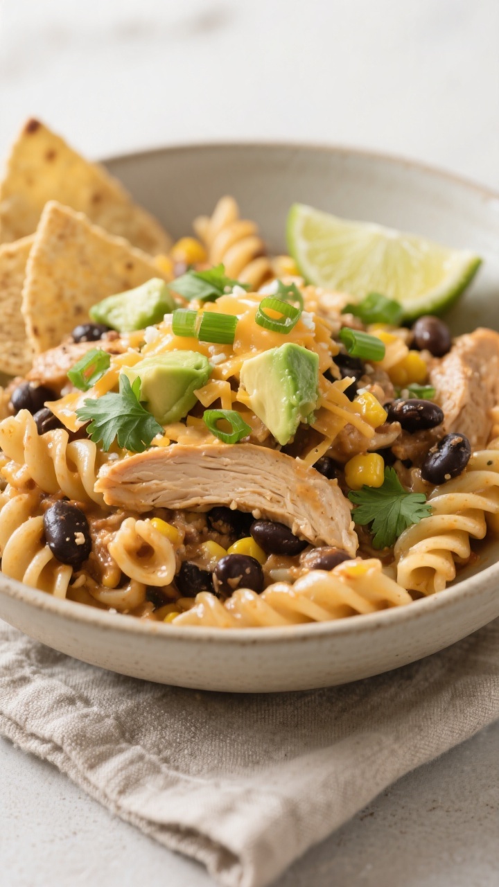 Final plated dish, restaurant-quality: Beautifully plated bowl of One Pot Healthy Chicken Taco Pasta
