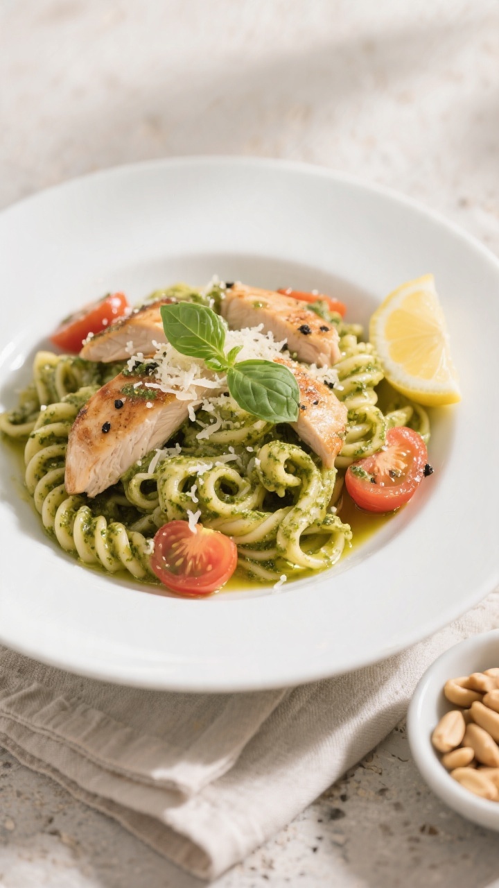 Final plated dish, restaurant-quality: Beautifully plated Chicken Pesto Pasta on a matte white shall