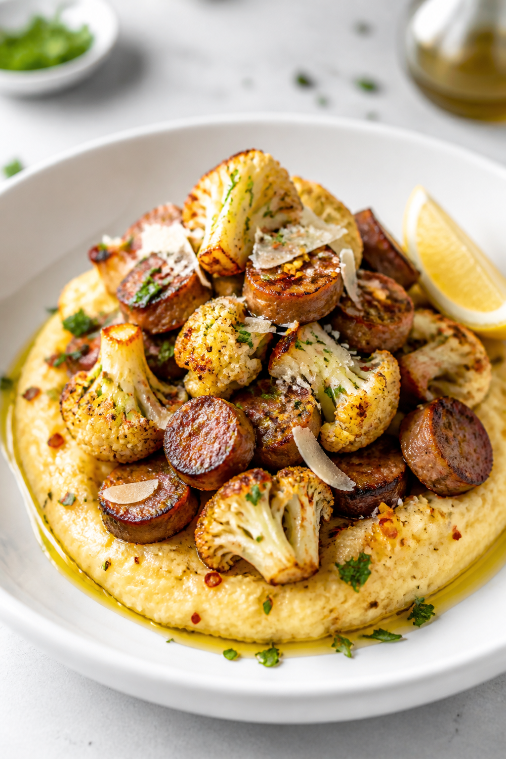 Final plated dish, restaurant-quality: Beautifully plated serving of Garlic Butter Cauliflower and S