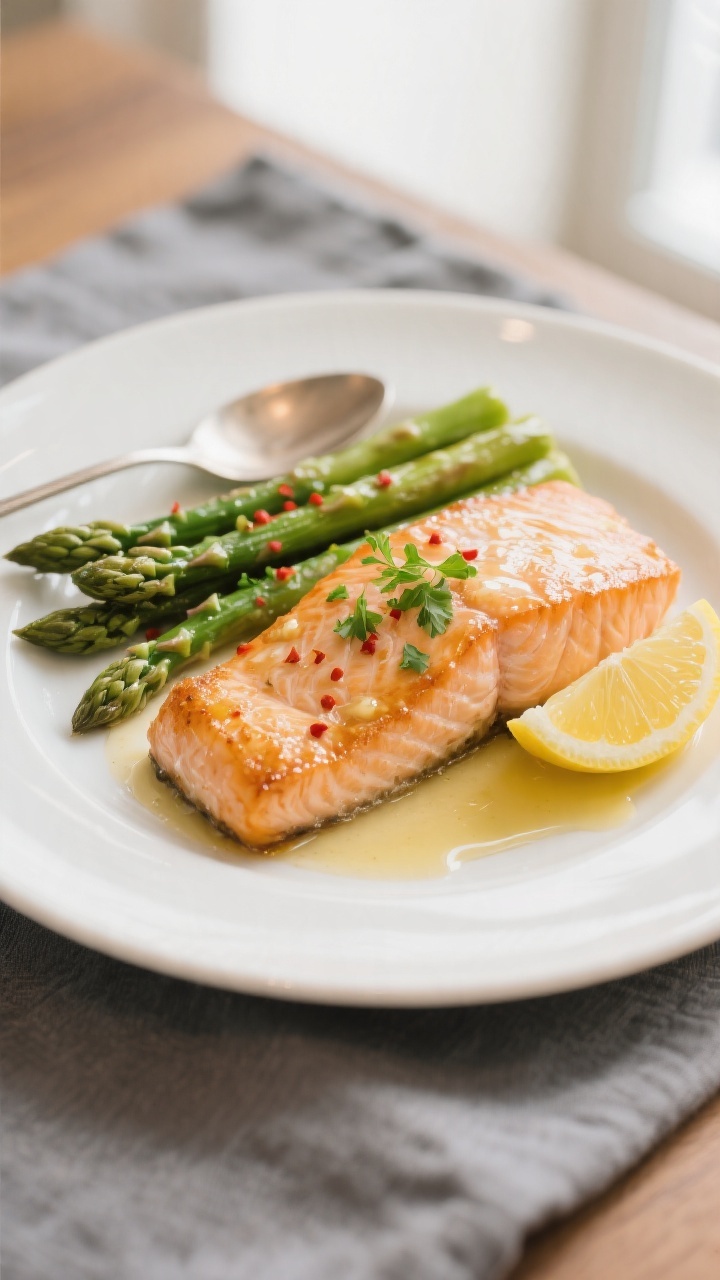 Final plated dish, restaurant-quality: Garlic butter salmon fillet just opaque and flaky, glazed wit