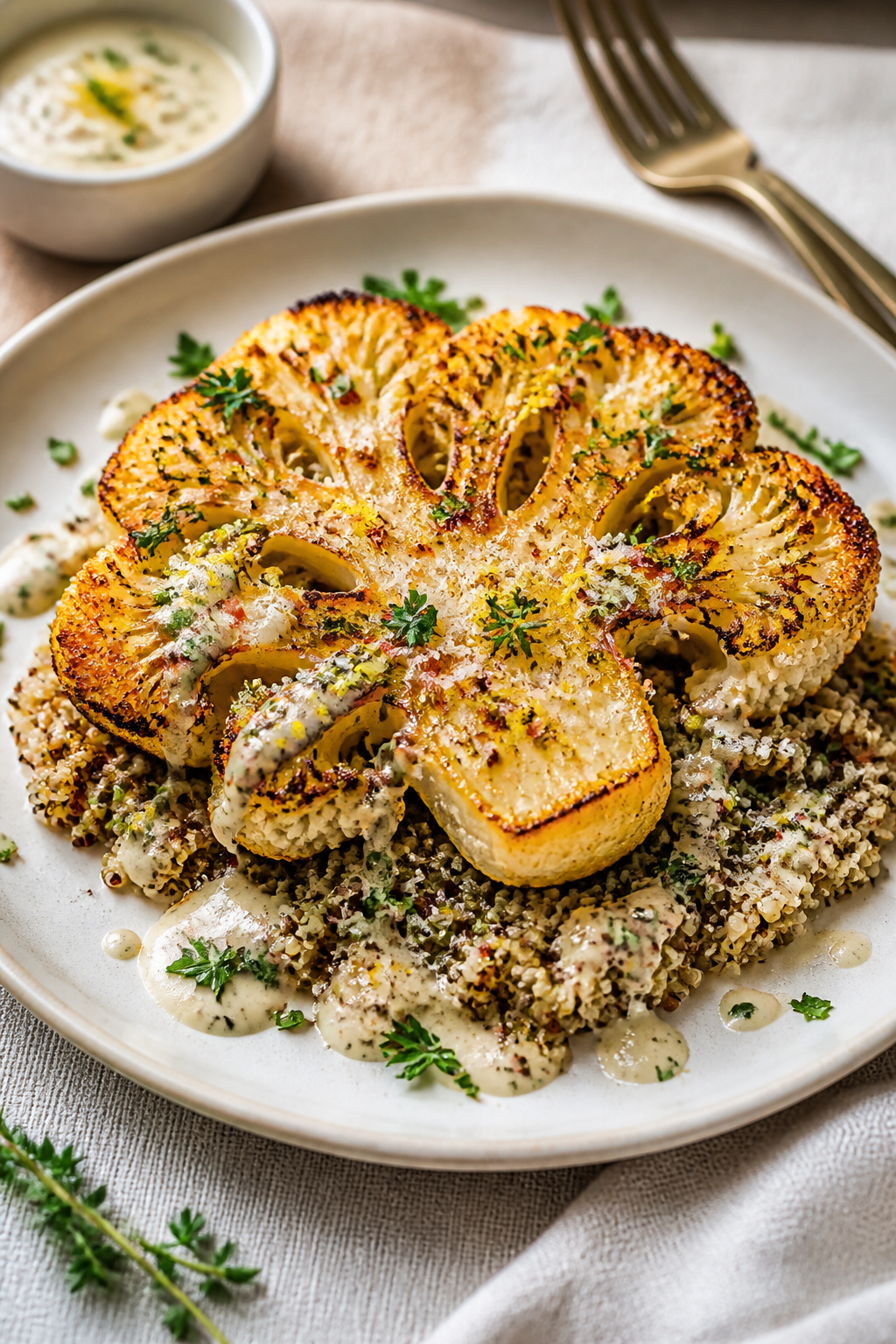 Final plated dish, restaurant-quality: Golden roasted cauliflower steak plated as a main on a warm w