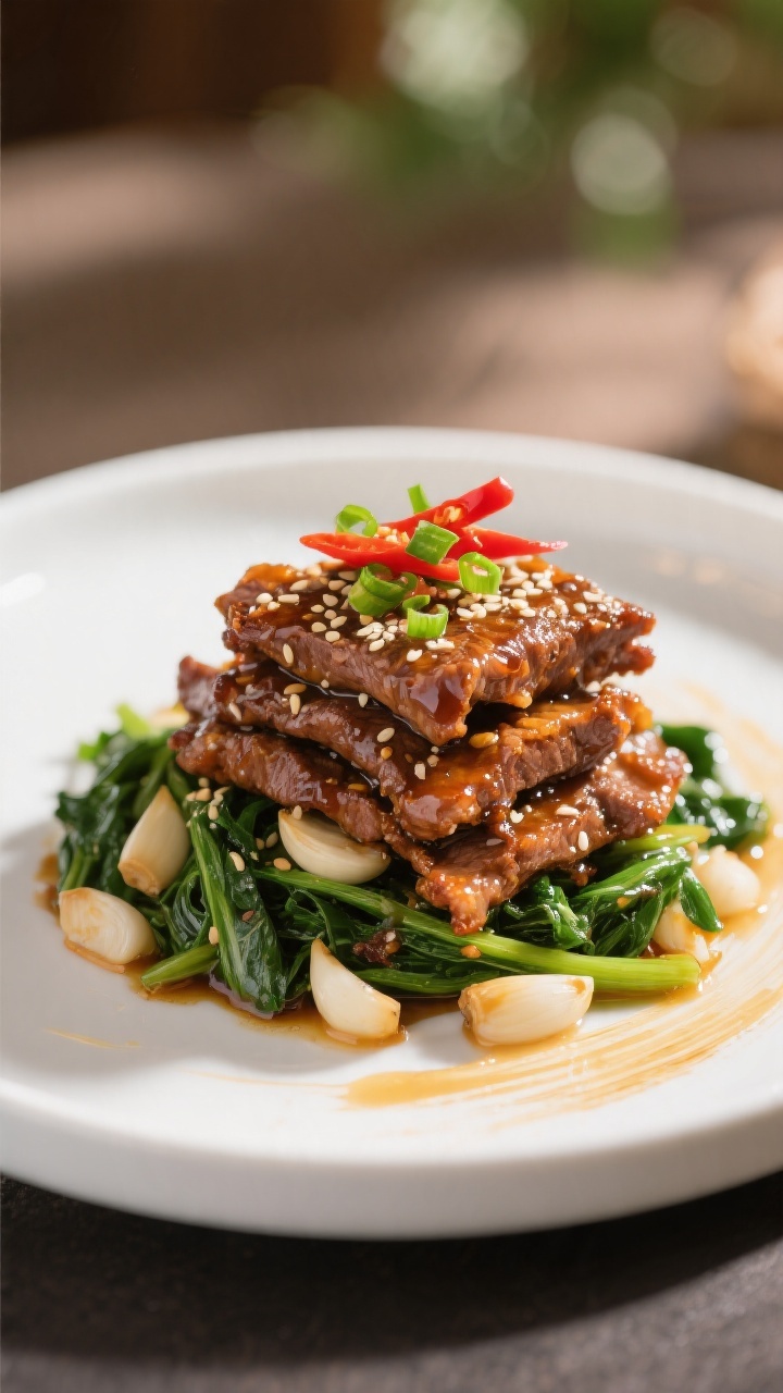 Final plated dish: Restaurant-quality plate of crispy honey chili beef arranged in a neat stack over
