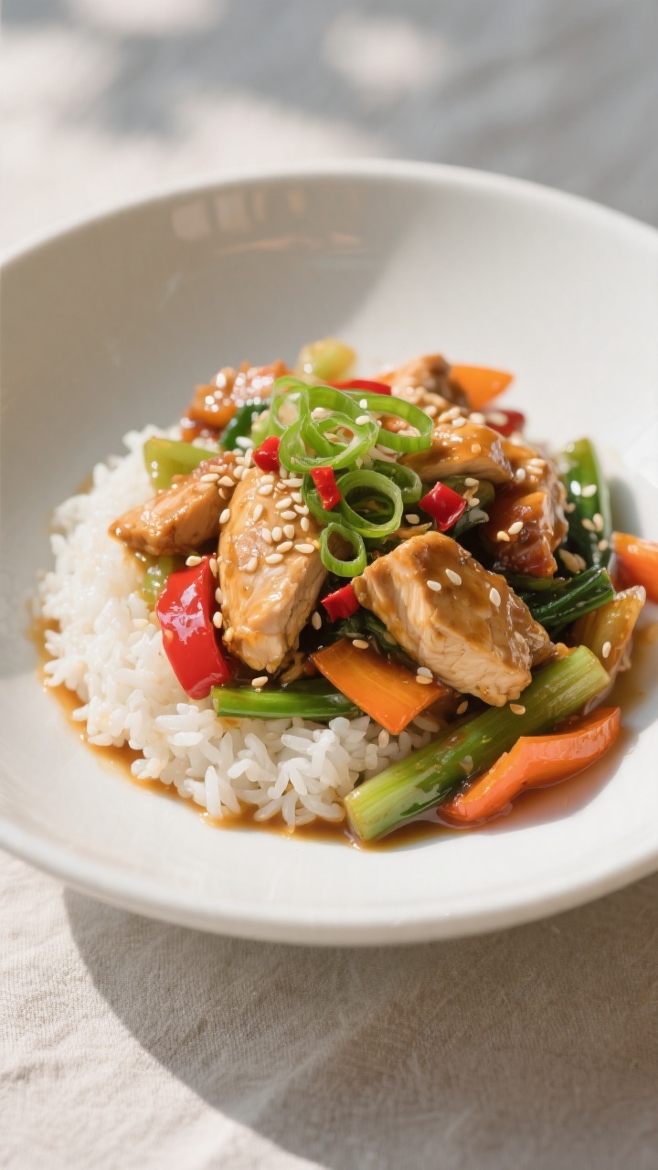 Final plated dish, restaurant-quality presentation: Healthy Chicken Stir Fry artfully mounded over f