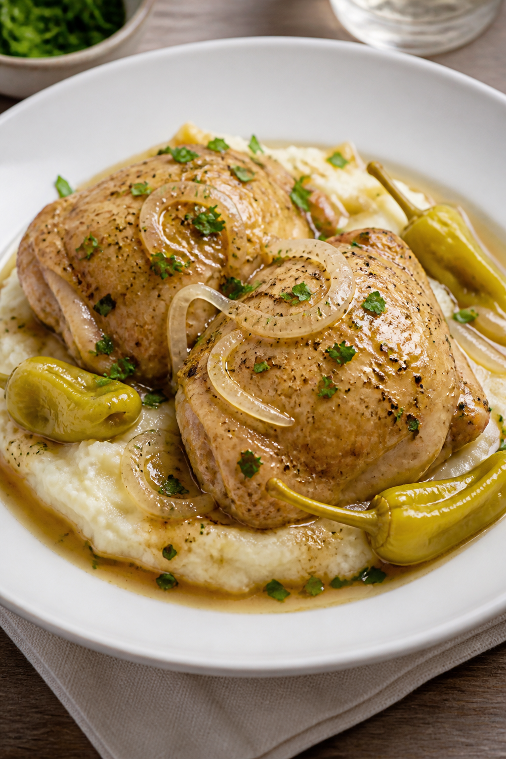 Final plated dish: Restaurant-quality presentation of whole Mississippi chicken thighs over creamy m