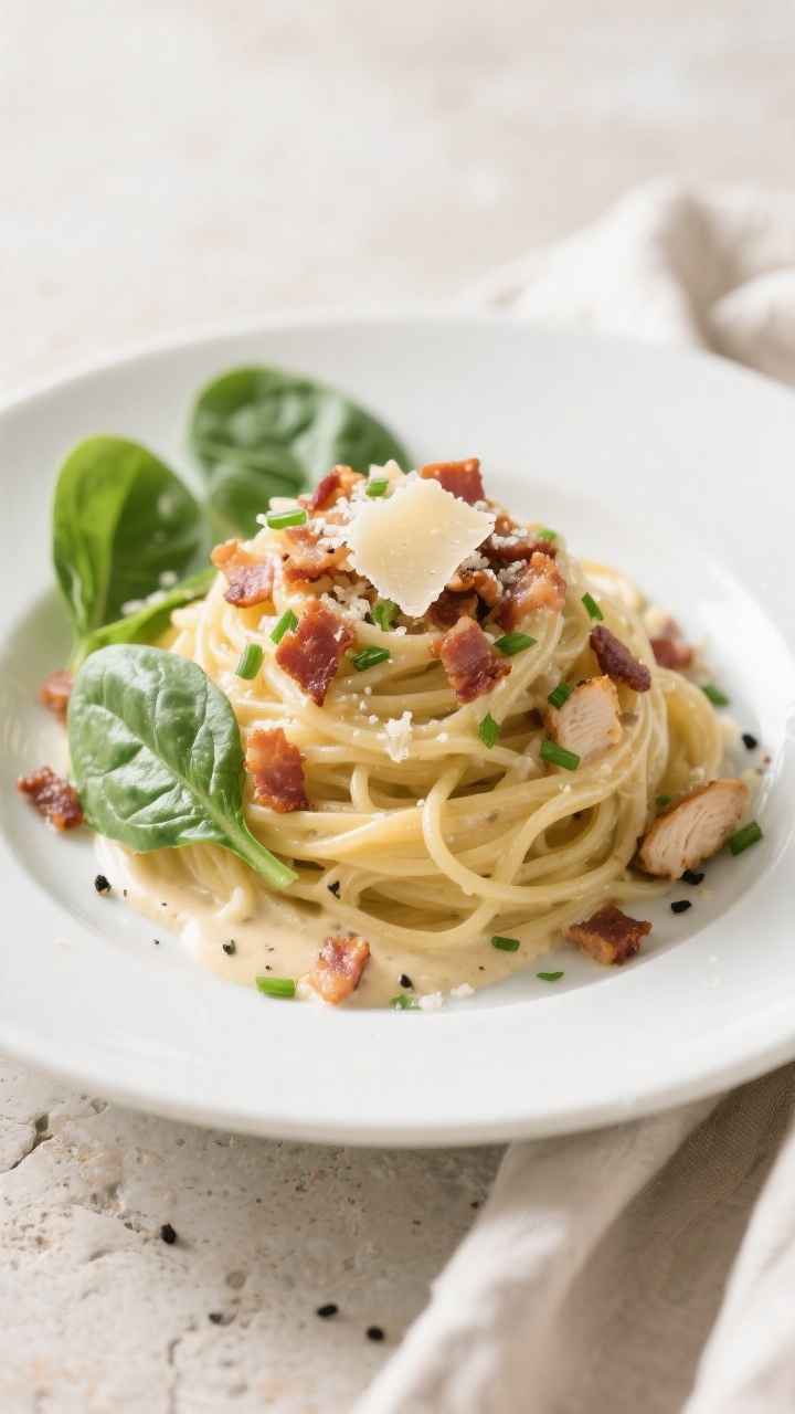 Final plated dish: Restaurant-quality presentation of Easy Chicken Bacon Ranch Pasta twirled into a 