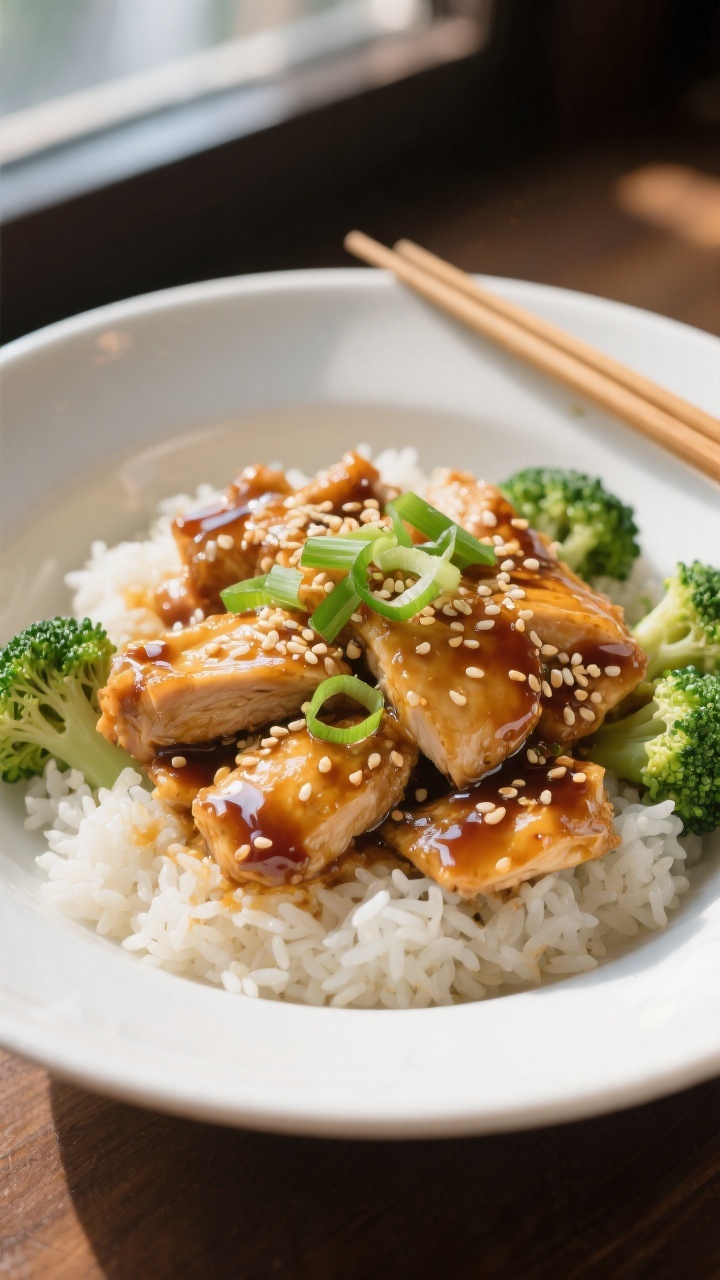 Final plated dish, restaurant-quality presentation: Sesame Ginger Chicken piled over fluffy jasmine 