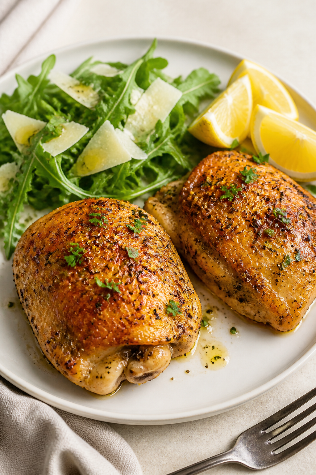 Final plated dish: Restaurant-quality presentation of crispy lemon pepper chicken thighs on a matte 