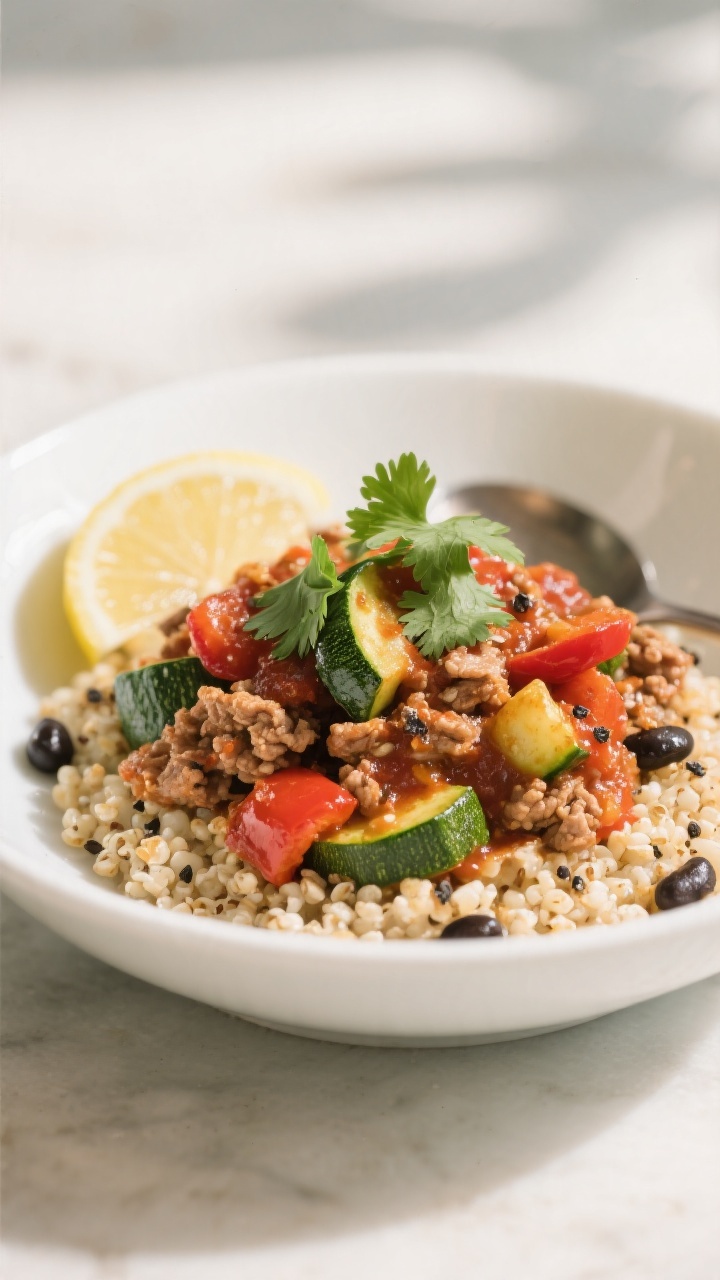 Final plated dish: Restaurant-quality presentation of the ground turkey zucchini skillet spooned ove