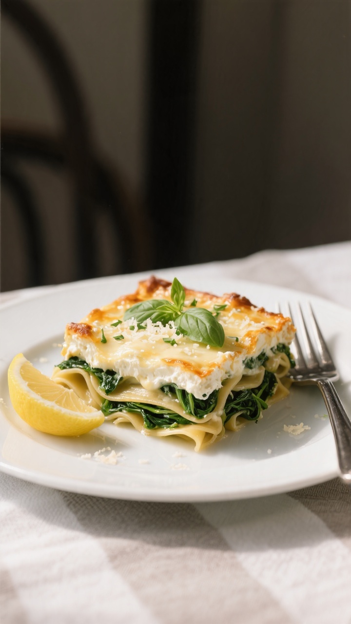 Final plated dish: Restaurant-quality presentation of a generous square of Creamy Spinach Ricotta Pa