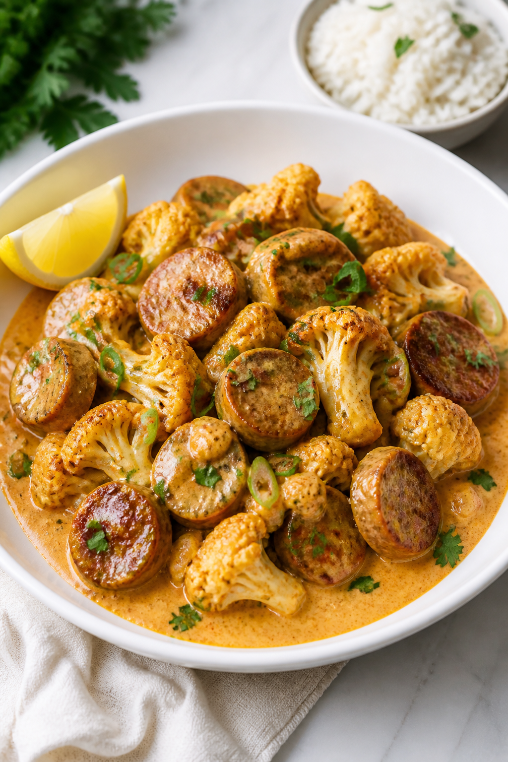 Final plated dish: Restaurant-quality presentation of Creamy Cajun Cauliflower Sausage Skillet serve