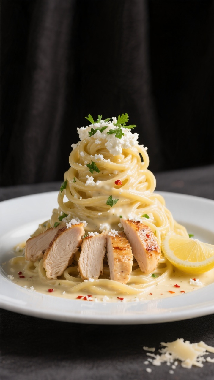 Final plated dish, restaurant-quality presentation: Creamy Cottage Cheese Chicken Alfredo twirled in