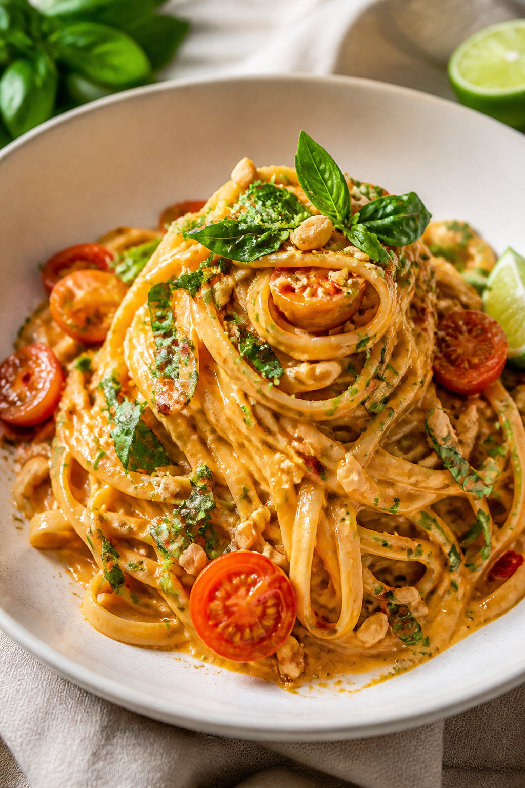 Final plated dish, restaurant-quality presentation: Beautifully plated Creamy Coconut Curry Pasta tw