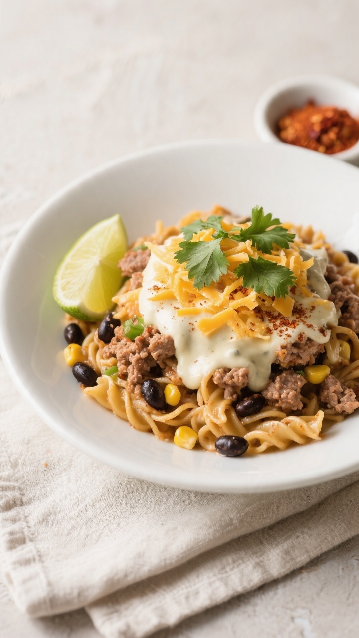 Final plated dish: Restaurant-quality presentation of Healthy Ground Turkey Taco Pasta in a wide, sh