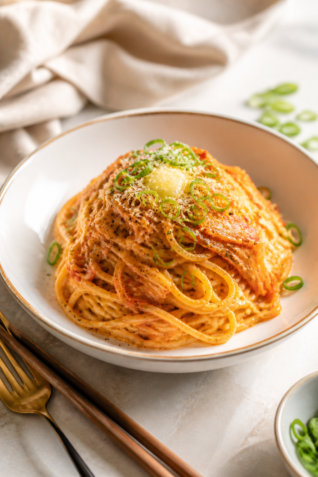 Final plated dish: Restaurant-quality presentation of Korean Creamy Kimchi Pasta twirled into a high