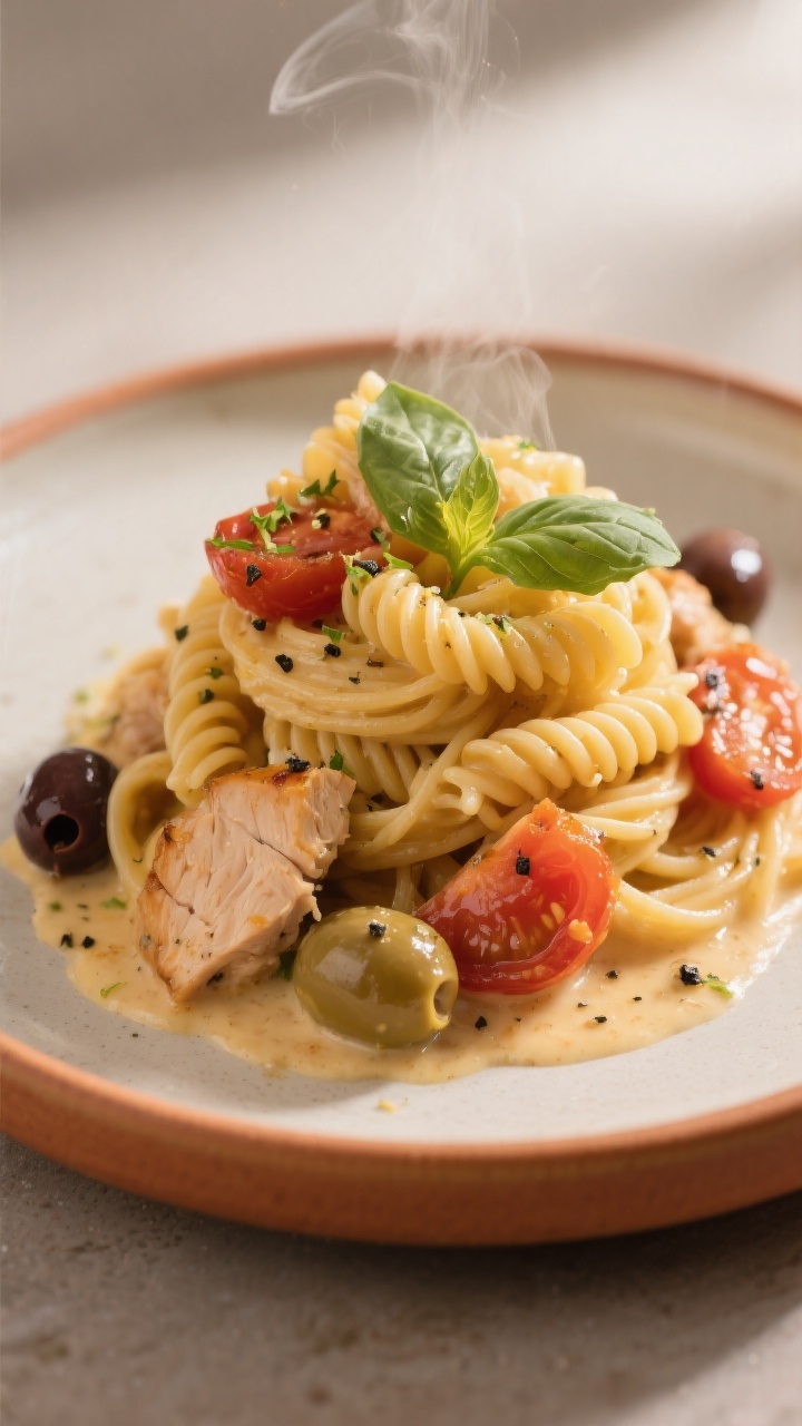 Final plated dish: Restaurant-quality presentation of a single portion of the pasta twirled high, sh