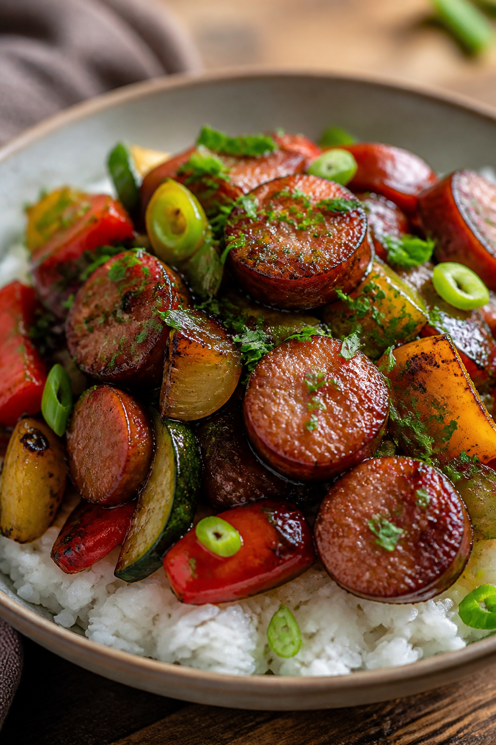 Final plated dish: Restaurant-quality presentation of BBQ sausage and roasted veggies piled over flu