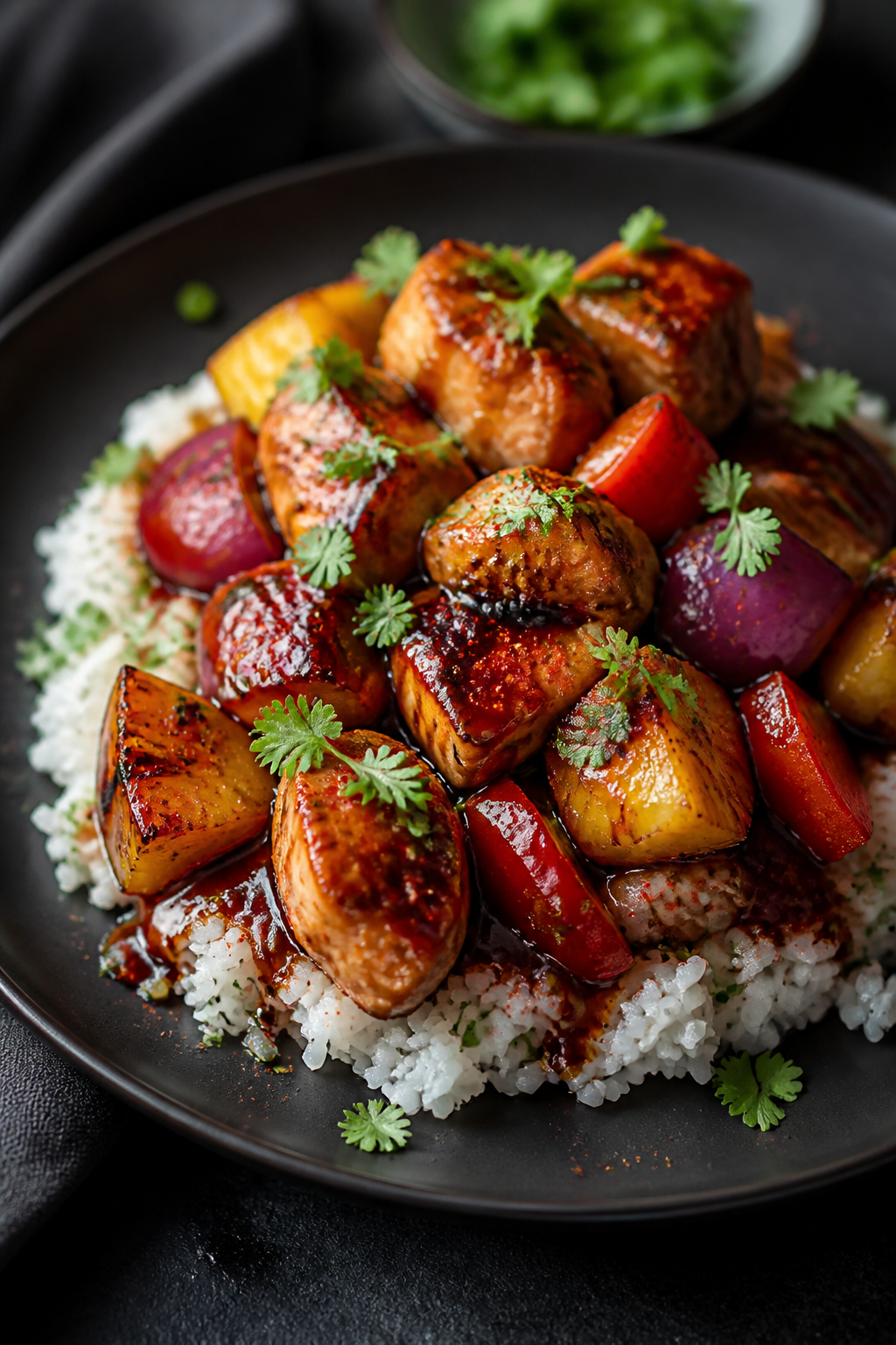 Final plated dish: Restaurant-quality presentation of two BBQ pineapple chicken kabobs slid off the