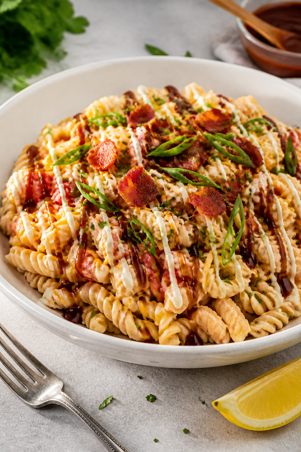 Final plated dish: Restaurant-quality presentation of BBQ Ranch Bacon Chicken Pasta Salad mounded in