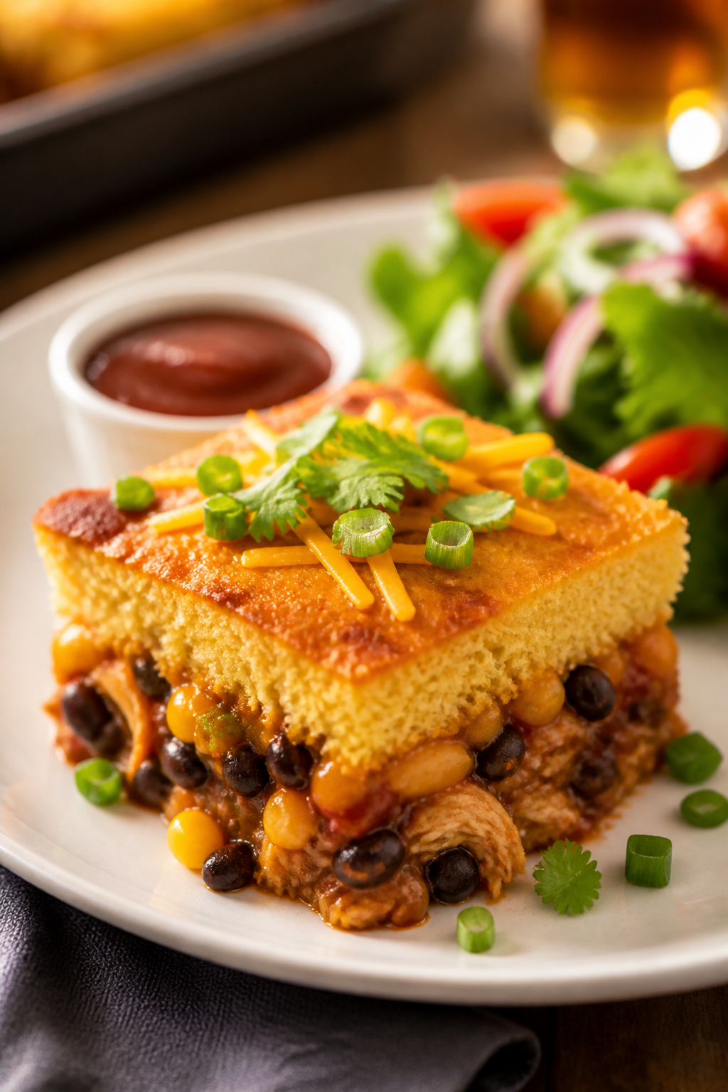 Final plated dish, restaurant-quality presentation: A golden, fluffy cornbread-topped square of BBQ