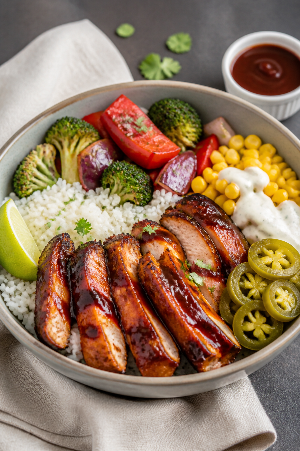 Final plated dish: Restaurant-quality presentation of a single BBQ chicken bowl—warm rice fluffed 
