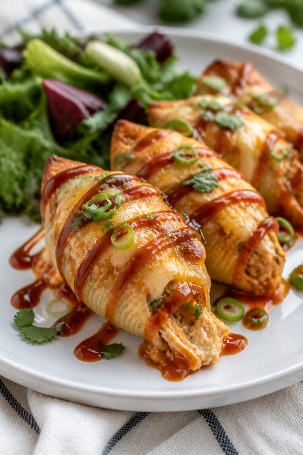Final plated dish: Restaurant-quality presentation of 3–4 BBQ Ranch Chicken Stuffed Shells on a ma