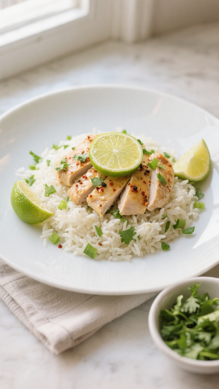 Final plated dish: Restaurant-quality presentation of Garlic Lime Chicken & Rice on a wide white pla