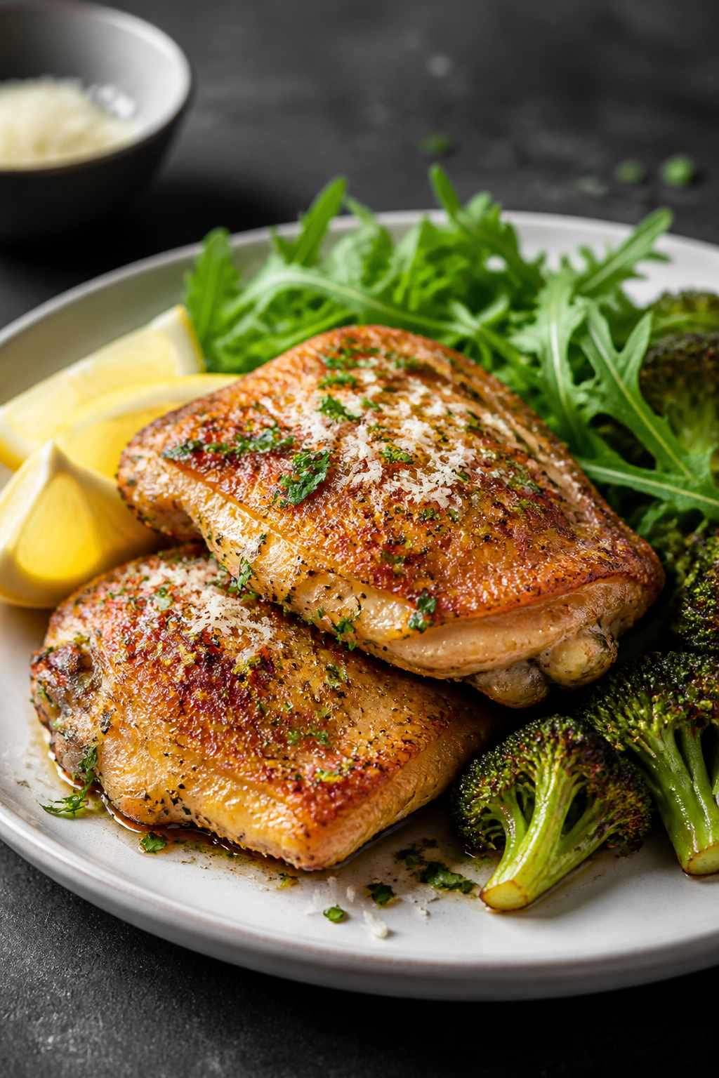Final plated dish: Restaurant-quality presentation of Garlic Parmesan Chicken Thighs on a matte whit