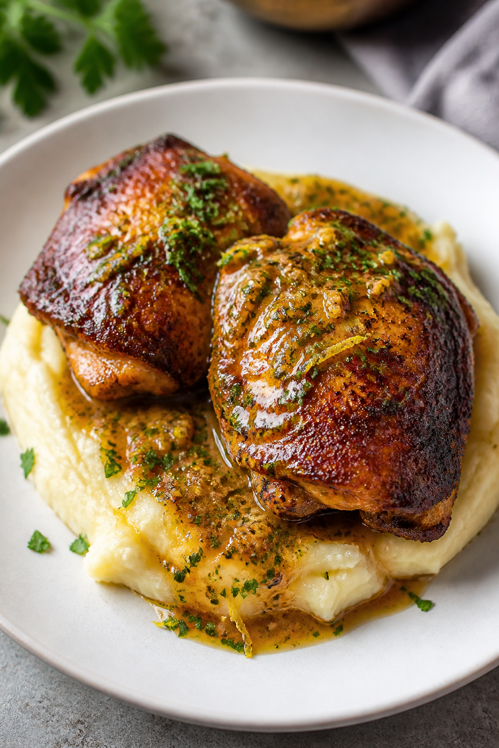 Final plated dish: Restaurant-quality presentation of two Cajun butter chicken thighs plated over cr