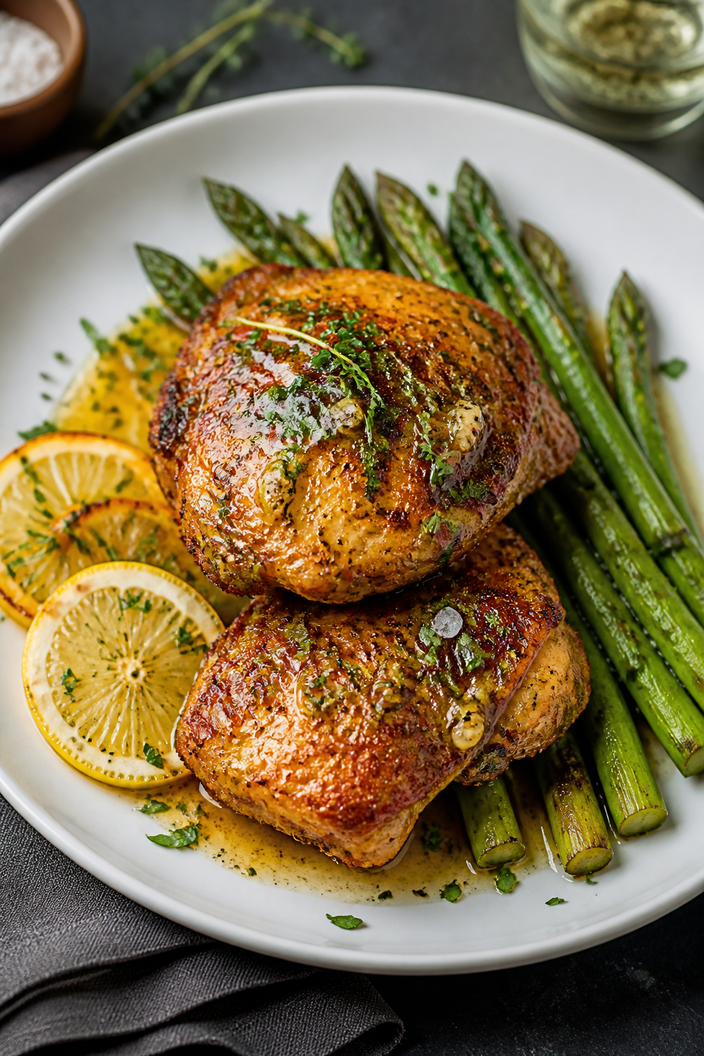 Final plated dish: Restaurant-quality presentation of Garlic Herb Chicken Thighs & Asparagus on a wi