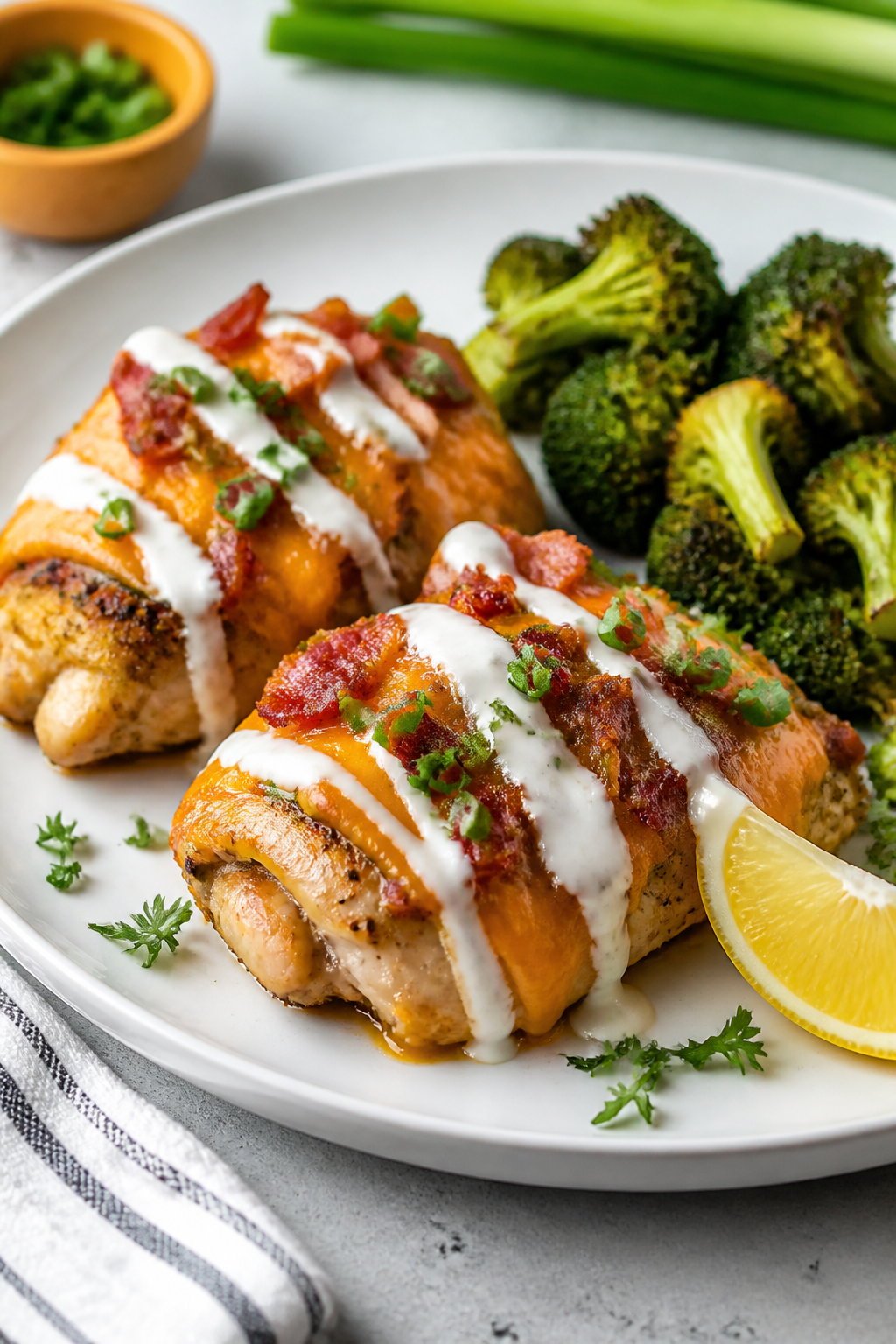 Final plated dish: Restaurant-quality presentation of Loaded Ranch Chicken Thighs on a matte white p