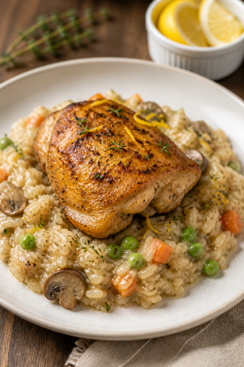 Final plated dish: Restaurant-quality presentation of Easy Chicken Thigh Casserole on a wide, warm-w