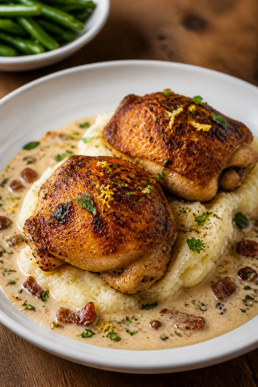 Final plated dish: Restaurant-quality presentation of Creamy Bacon Ranch Chicken Thighs—two thighs