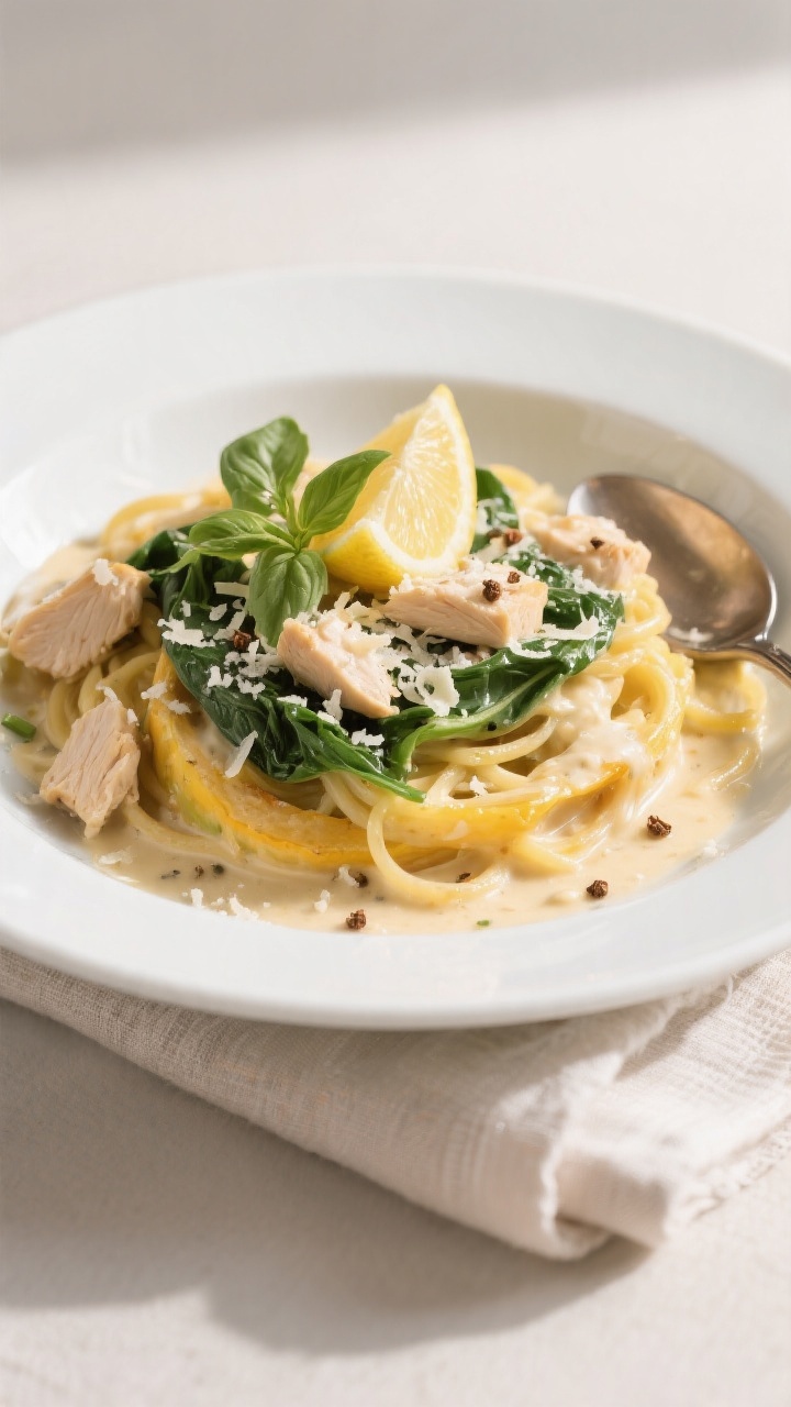 Final plated dish: Restaurant-quality presentation of Healthy Chicken Alfredo Spaghetti Squash twirl