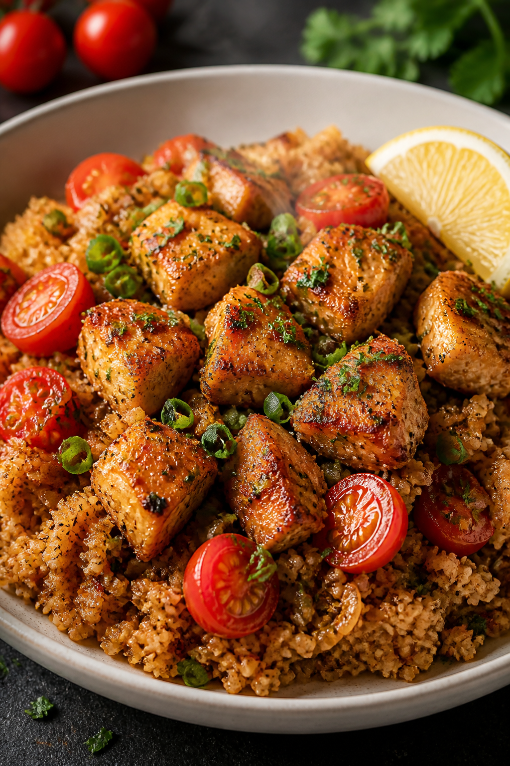 Final plated dish: Restaurant-quality presentation of a heaping bowl of Spicy Cajun Cauliflower Rice