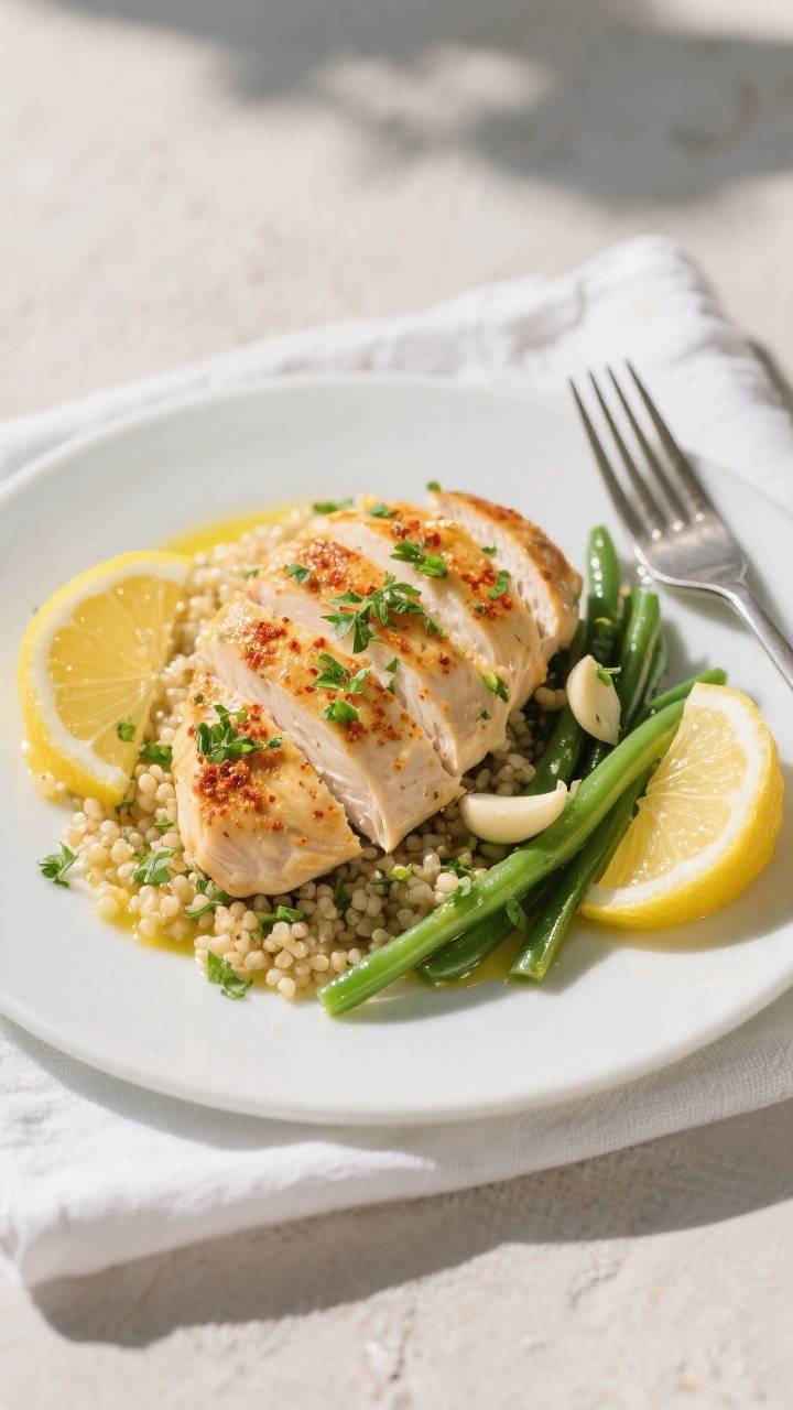 Final plated dish: Restaurant-quality presentation of air fryer lemon herb chicken breast fanned ove