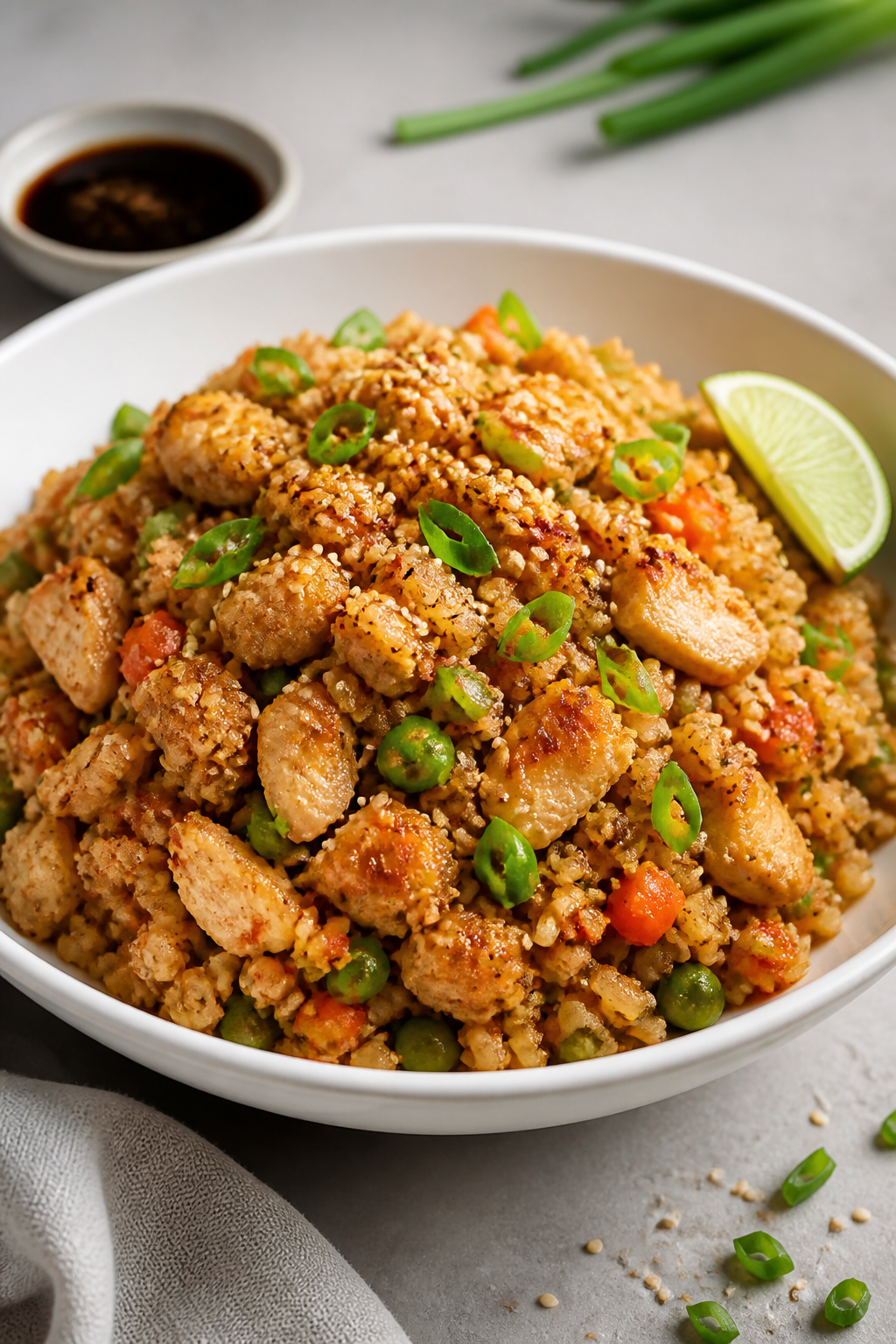 Final plated dish, restaurant-quality presentation: Beautifully plated Cauliflower Fried Rice with C