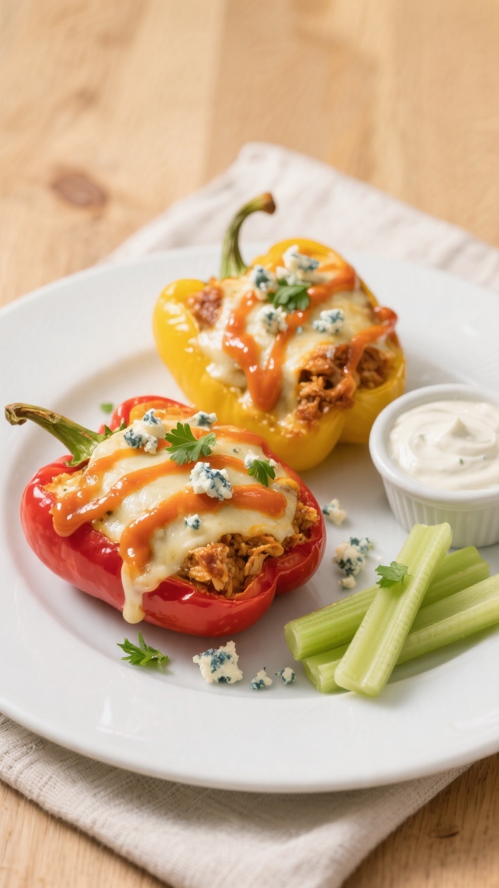 Final plated dish: Restaurant-quality presentation of two Air Fryer Buffalo Chicken Stuffed Peppers 