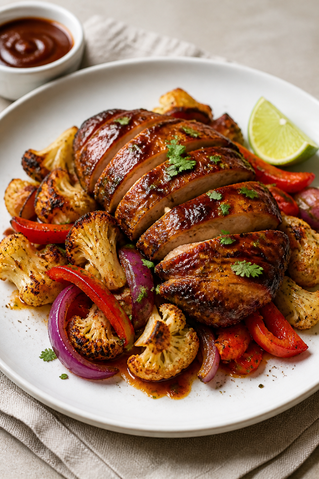 Final plated dish: Restaurant-quality presentation of sliced BBQ chicken thighs fanned over a bed of