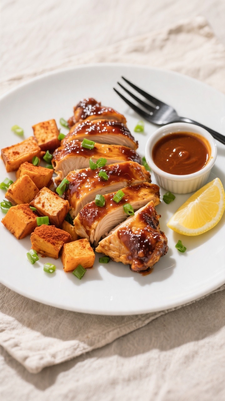 Final plated dish: Restaurant-quality presentation of Air Fryer BBQ Chicken & Sweet Potatoes on a wi